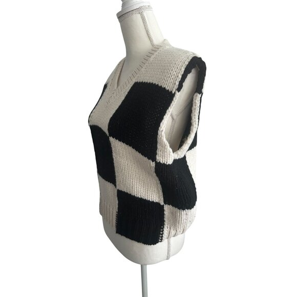 FRAME Checkerboard Black Ivory 100% Extra Fine Merino Wool Vest Size Small - Picture 4 of 7
